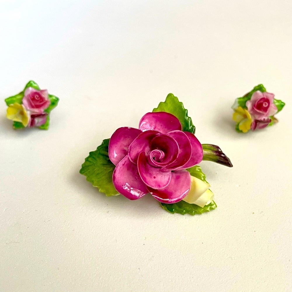 Vintage Cara Ceramic Floral Pink and Green Jewelry Set